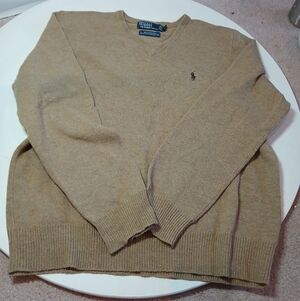 Polo by Ralph Lauren Men's Camel Beige V-Neck Sweater 100% LAMBSWOOL  SIZE L